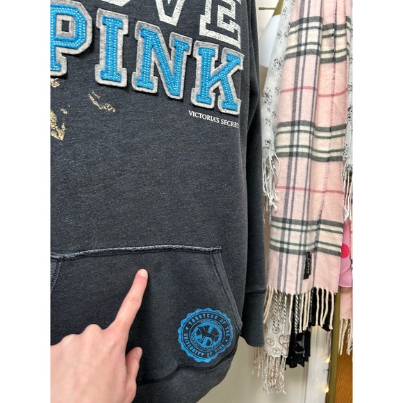 Y2K Victoria's Secret PINK Peace Love Pink Hoodie Grey Pullover Sweatshirt M 07' - Picture 4 of 9